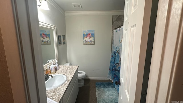 bathroom with vanity, toilet, curtained shower, and ornamental molding