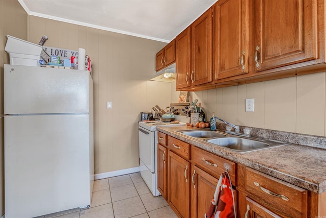 kitchen featuring light tile patterned floors, white appliances, crown molding, and sink