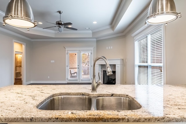 kitchen featuring a tray ceiling, crown molding, and sink