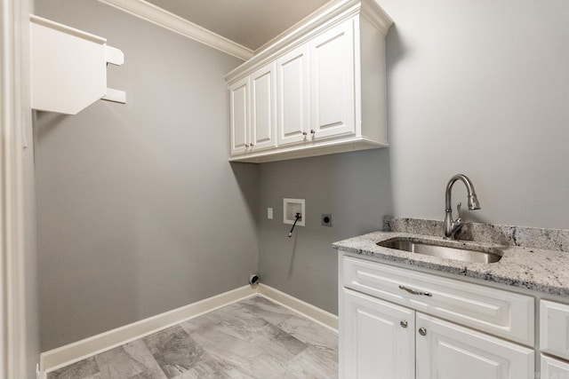 laundry room with cabinets, crown molding, sink, washer hookup, and hookup for an electric dryer