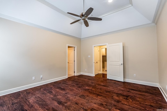 unfurnished bedroom with ceiling fan, crown molding, a towering ceiling, and dark wood-type flooring