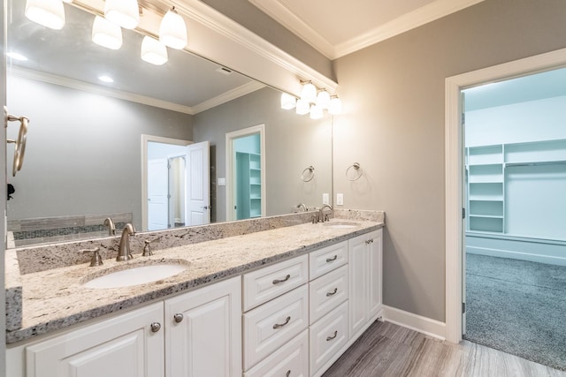 bathroom with vanity, wood-type flooring, and ornamental molding