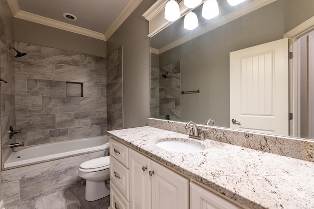 full bathroom featuring tiled shower / bath combo, toilet, ornamental molding, and vanity