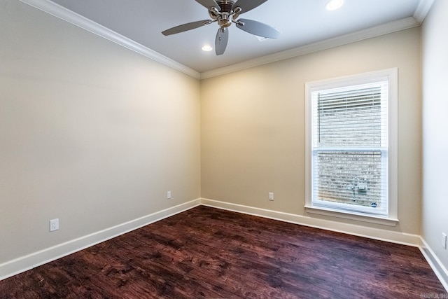 empty room featuring ceiling fan, dark hardwood / wood-style flooring, and ornamental molding