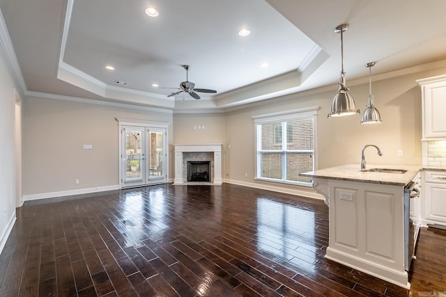 unfurnished living room featuring dark wood-type flooring, a raised ceiling, crown molding, sink, and ceiling fan