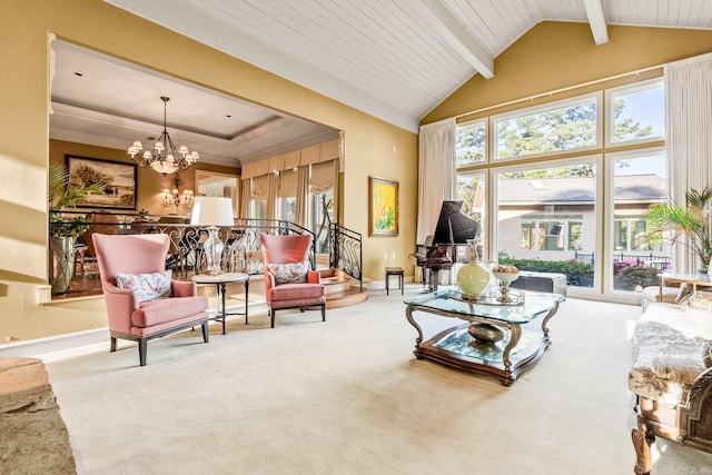 carpeted living room featuring beam ceiling, high vaulted ceiling, wood ceiling, and an inviting chandelier