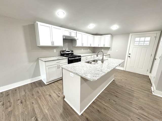 kitchen with white cabinets, stainless steel electric stove, dark wood-type flooring, and sink