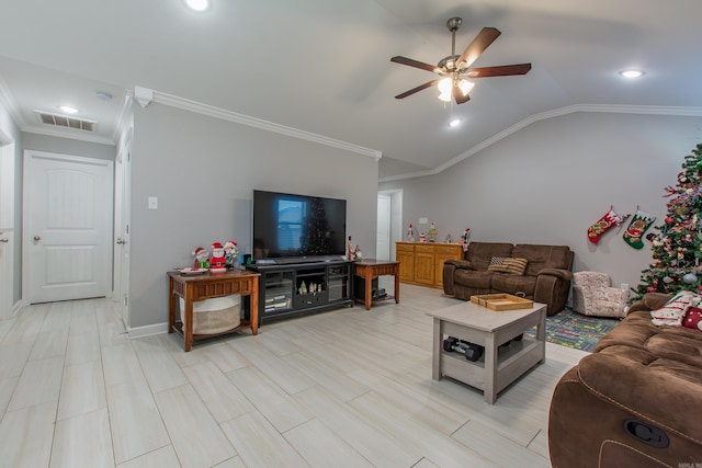 living room featuring crown molding, light hardwood / wood-style flooring, ceiling fan, and lofted ceiling