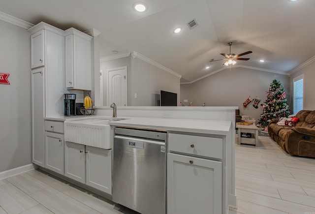 kitchen featuring dishwasher, white cabinetry, lofted ceiling, and ceiling fan