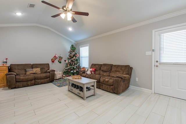 living room with ceiling fan, lofted ceiling, crown molding, and light hardwood / wood-style flooring