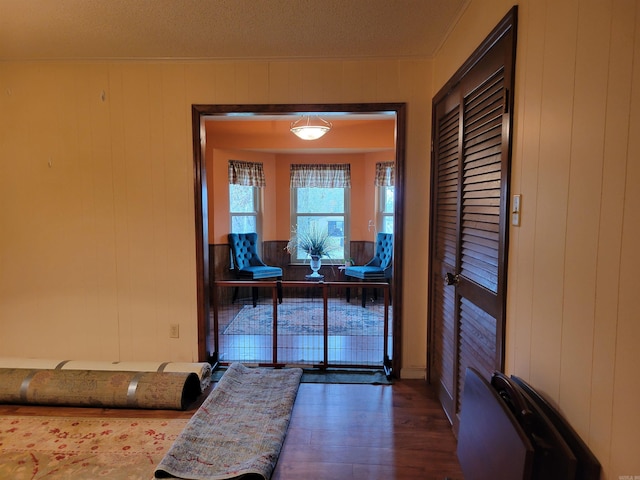 interior space with dark hardwood / wood-style floors, wood walls, and a textured ceiling