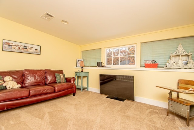 living room with carpet and vaulted ceiling