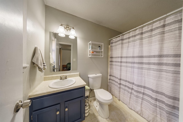 bathroom featuring tile patterned flooring, a textured ceiling, toilet, vanity, and a shower with shower curtain