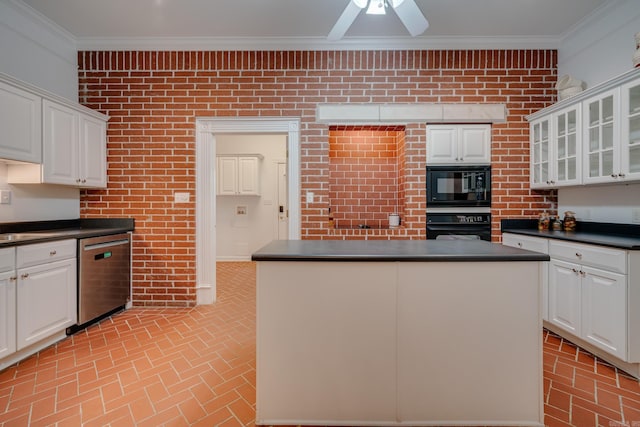 kitchen featuring white cabinetry, crown molding, and black appliances