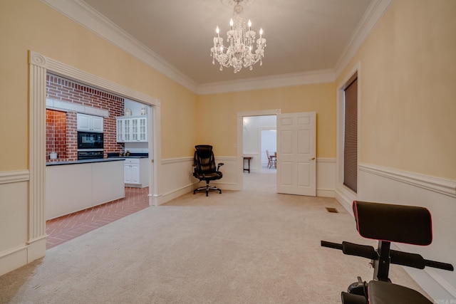 exercise area featuring light colored carpet, ornamental molding, a wealth of natural light, and an inviting chandelier