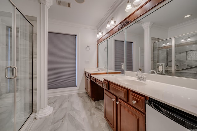 bathroom with vanity, an enclosed shower, ornate columns, and ornamental molding