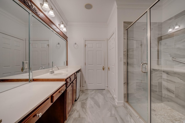 bathroom featuring vanity, an enclosed shower, and ornamental molding