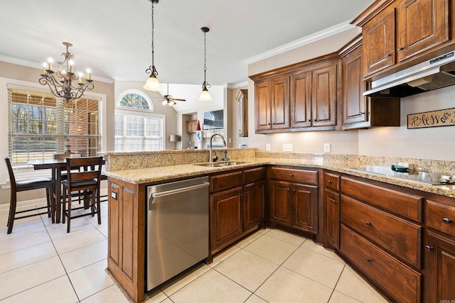 kitchen featuring sink, hanging light fixtures, stainless steel dishwasher, ornamental molding, and electric stovetop