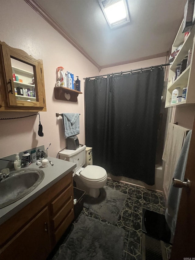 full bathroom featuring ornamental molding, vanity, shower / bathtub combination with curtain, tile patterned flooring, and toilet