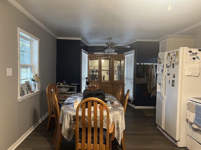 dining space with ceiling fan, dark hardwood / wood-style floors, and ornamental molding