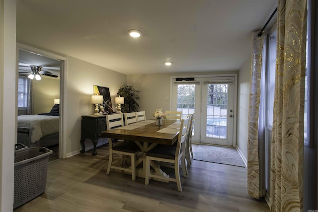 dining space featuring wood-type flooring