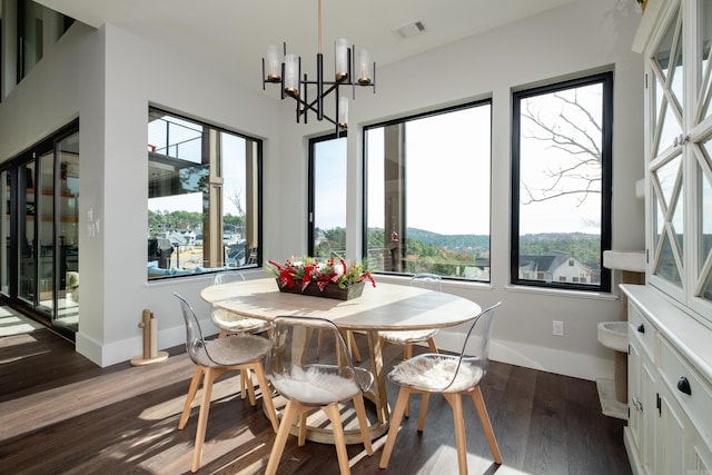 dining area featuring dark hardwood / wood-style floors, an inviting chandelier, and a wealth of natural light