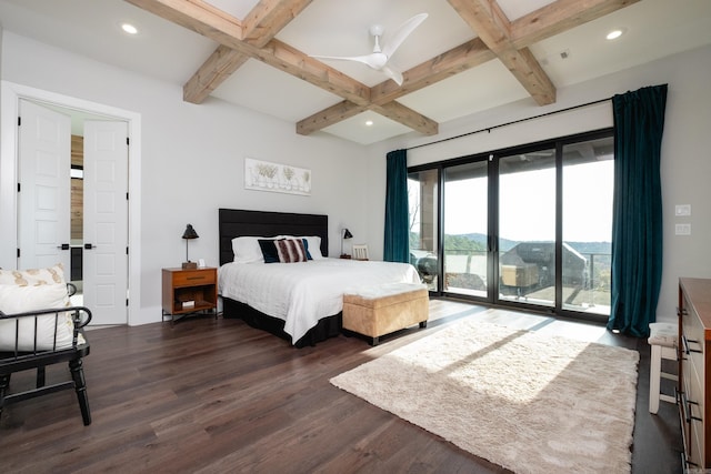 bedroom with beam ceiling, access to exterior, ceiling fan, and dark hardwood / wood-style floors