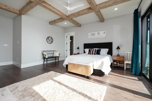 bedroom with beam ceiling, ceiling fan, coffered ceiling, and dark hardwood / wood-style floors