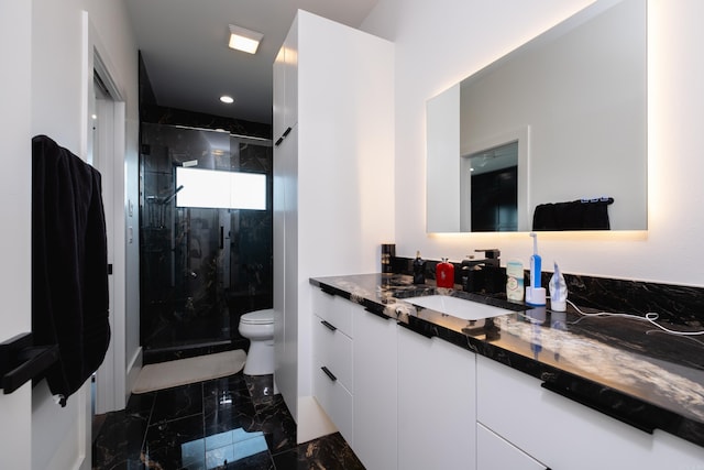 bathroom featuring vanity, toilet, and a shower with shower door