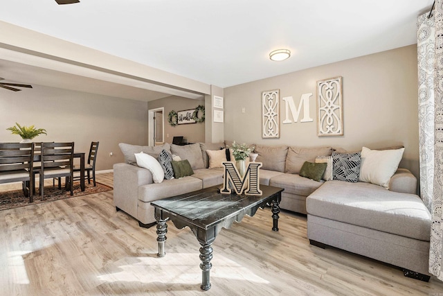 living room with ceiling fan and wood-type flooring