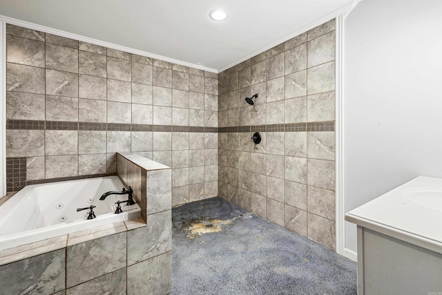 bathroom featuring ornamental molding and plus walk in shower