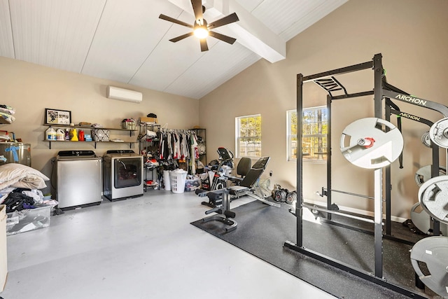 workout area featuring washer and clothes dryer, ceiling fan, a wall mounted air conditioner, and vaulted ceiling