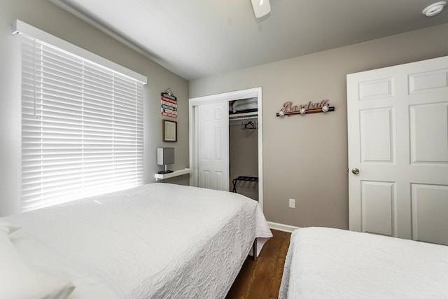 bedroom featuring dark hardwood / wood-style flooring, ceiling fan, and a closet