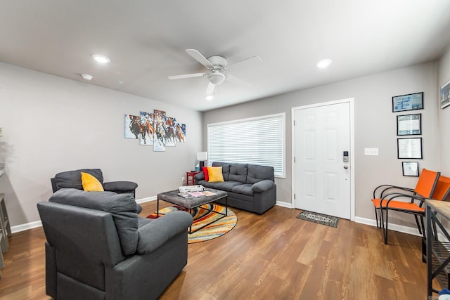 living room with ceiling fan and hardwood / wood-style floors