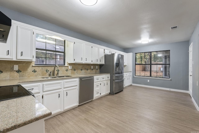 kitchen with appliances with stainless steel finishes, backsplash, white cabinetry, and sink