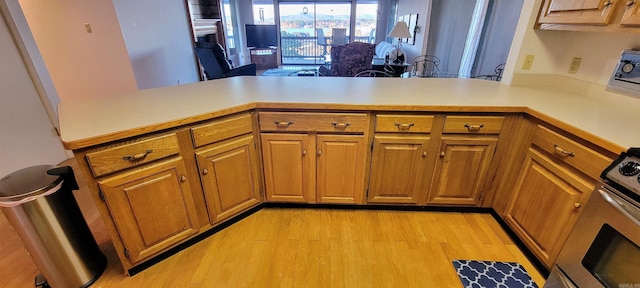 kitchen with kitchen peninsula, light hardwood / wood-style flooring, and stainless steel electric range