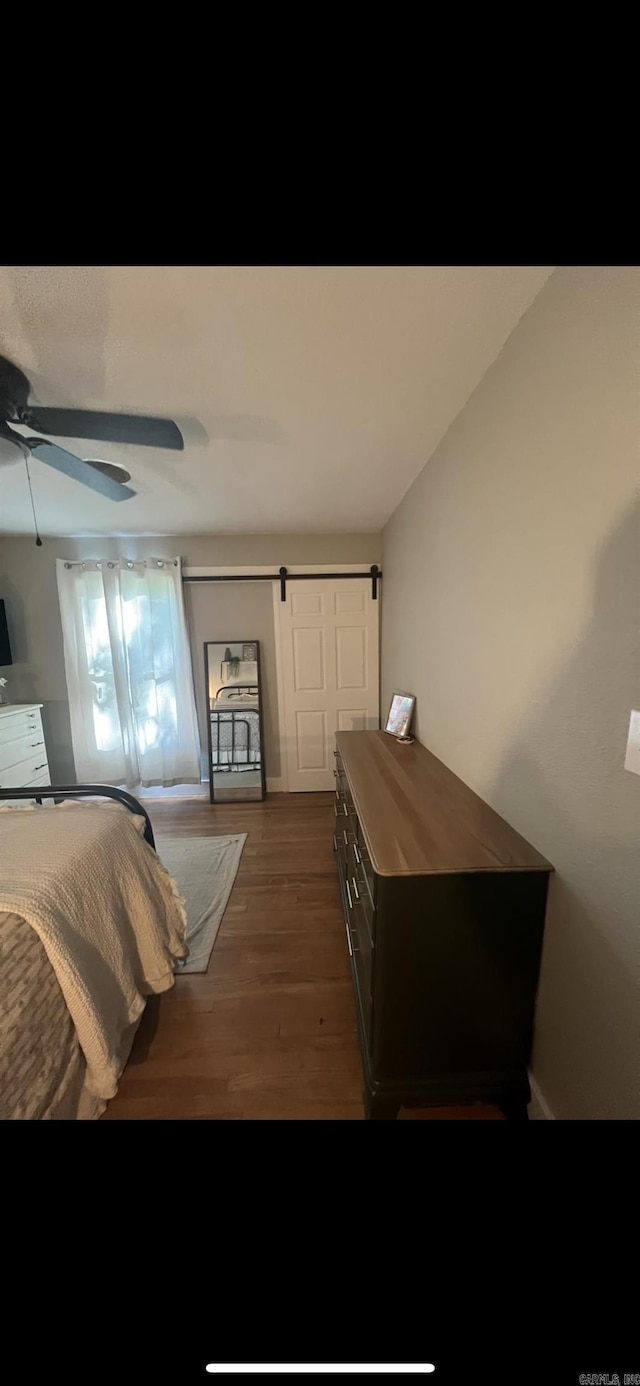 bedroom featuring dark hardwood / wood-style flooring, ceiling fan, and a barn door