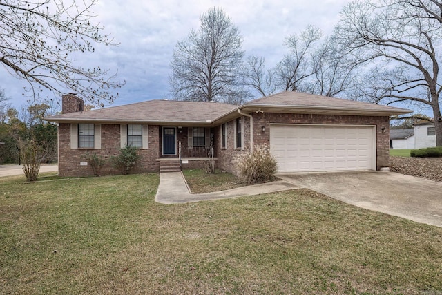 ranch-style home featuring a porch, a garage, and a front yard