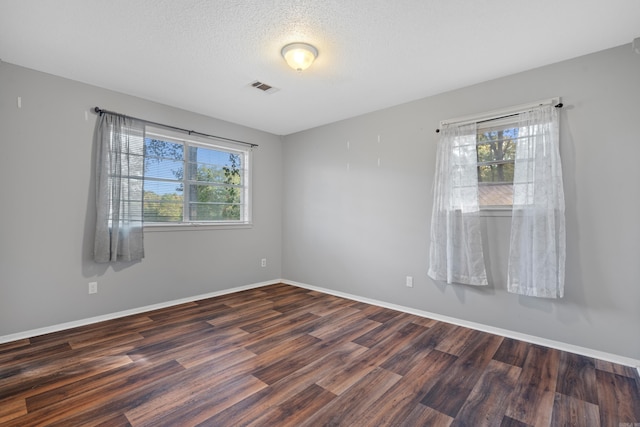 empty room with a textured ceiling, dark hardwood / wood-style floors, and a healthy amount of sunlight