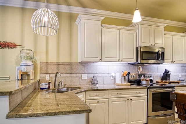 kitchen featuring sink, hanging light fixtures, stainless steel appliances, decorative backsplash, and ornamental molding