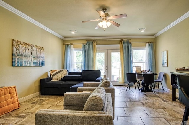 living room with french doors, ceiling fan, and ornamental molding