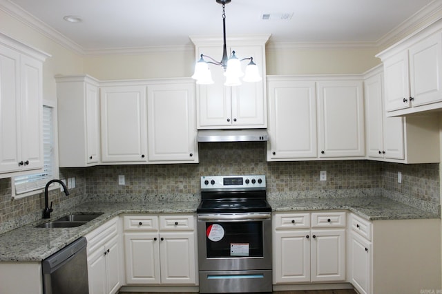 kitchen featuring stainless steel electric range oven, sink, decorative backsplash, and white cabinetry