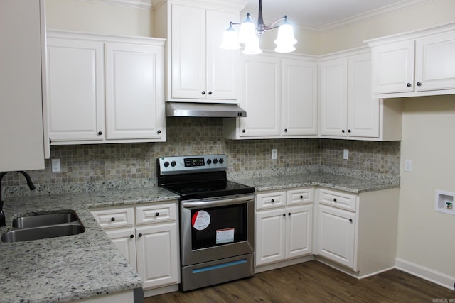 kitchen with sink, hanging light fixtures, white cabinets, and stainless steel range with electric stovetop