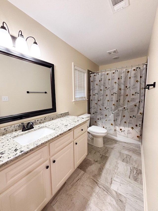 full bathroom with toilet, shower / bath combination with curtain, and vanity