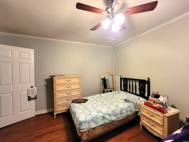 bedroom with ceiling fan, crown molding, and dark wood-type flooring