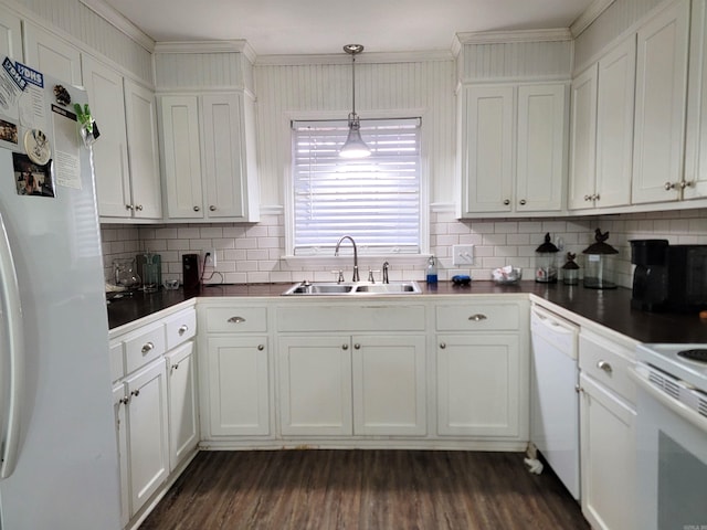 kitchen with white cabinets, white appliances, dark wood-type flooring, and sink