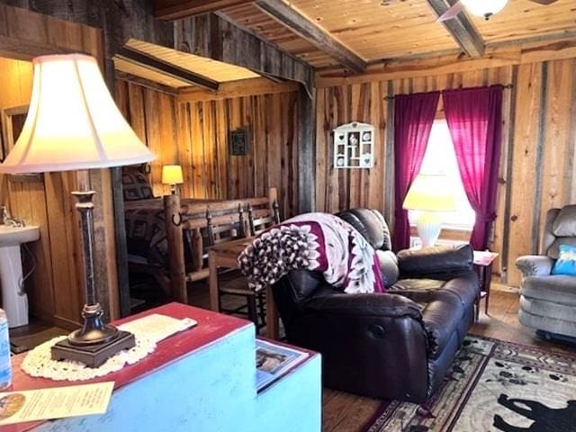 interior space featuring wooden walls, beamed ceiling, wooden ceiling, and dark hardwood / wood-style floors