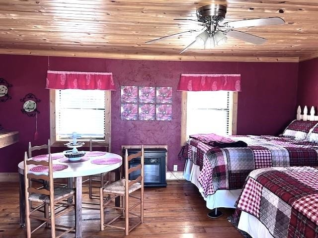 bedroom with hardwood / wood-style flooring, ceiling fan, and wood ceiling