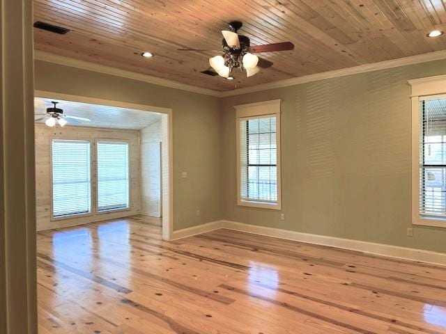 unfurnished room featuring light hardwood / wood-style floors, crown molding, and wood ceiling