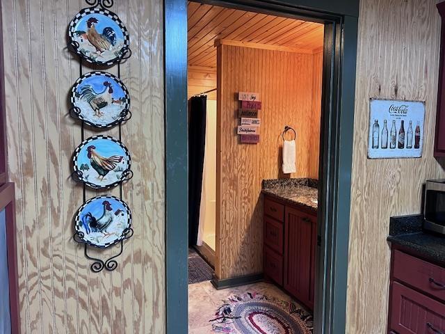 bathroom with vanity, wood walls, and wood ceiling